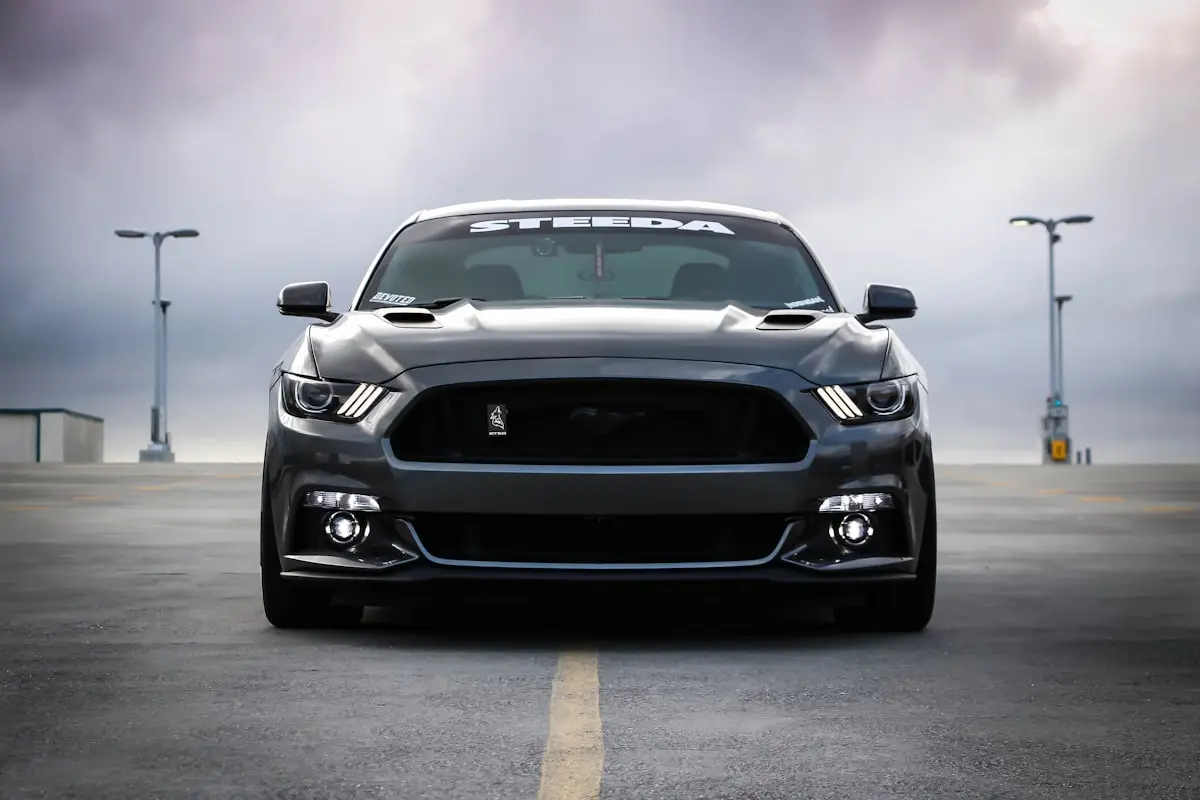 Dark Ford Mustang with flawless paint under dramatic sky